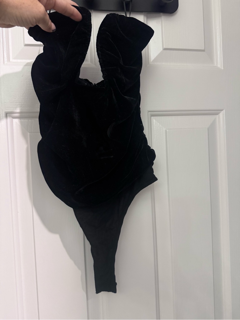 black velvet ruched strapless thong bodysuit from VICI